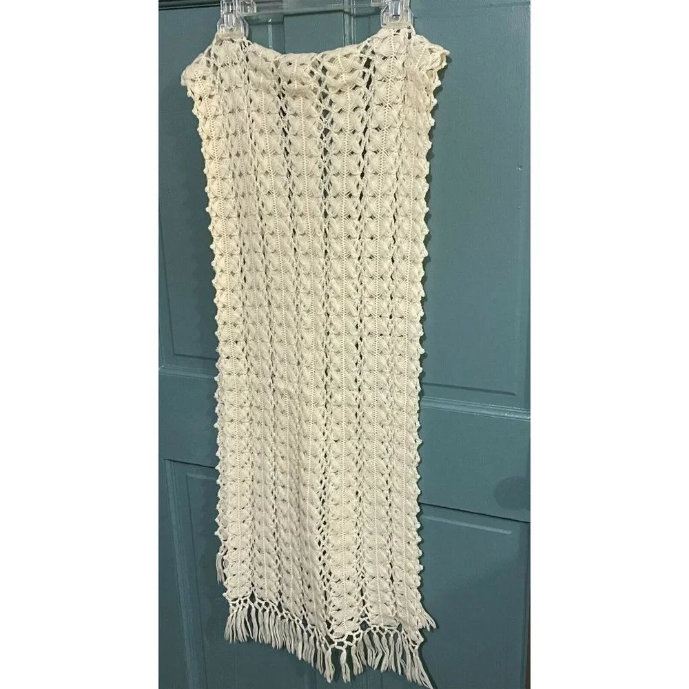 Vintage Lacey Shawl Wrap With Fringe Acrylic Openwork Pattern